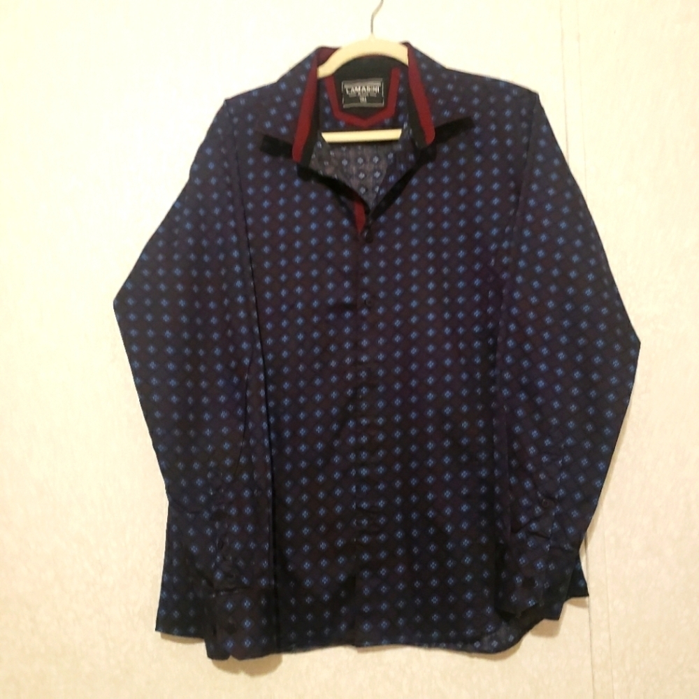 LAMASINI...BURGUNDY-BLUE LONG SLEEVE BUTTON UP SHIRT..SIZE:XL